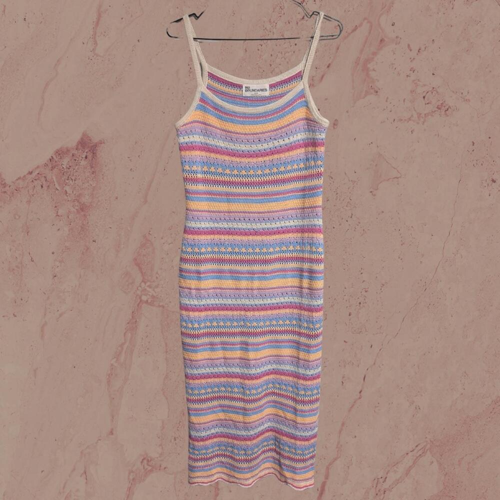 **Y2K Striped Crochet Open-Knit Midi Dress – Pastel Multi**